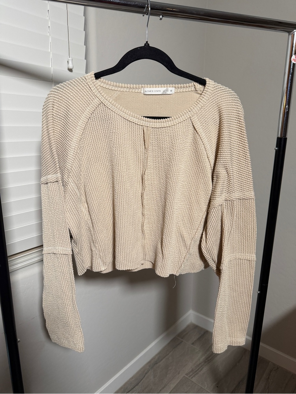 Altar'd State Cream Textured Cropped Waffle Knit Pullover